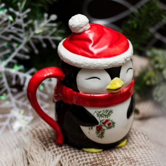 Cốc Sứ Chim Cánh Cụt Noel (có nắp) 450ml, Joyye