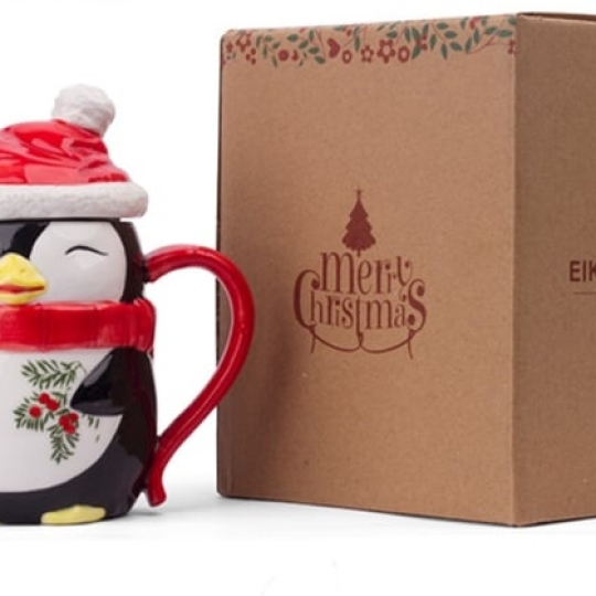 Cốc Sứ Chim Cánh Cụt Noel (có nắp) 450ml, Joyye