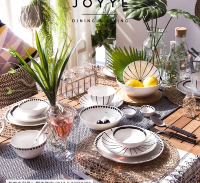 BỘ CHÉN DĨA MUỖNG SỨ (2 Người) - VỆT ĐEN, JOYYE