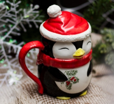 Cốc Sứ Chim Cánh Cụt Noel (có nắp) 450ml, Joyye